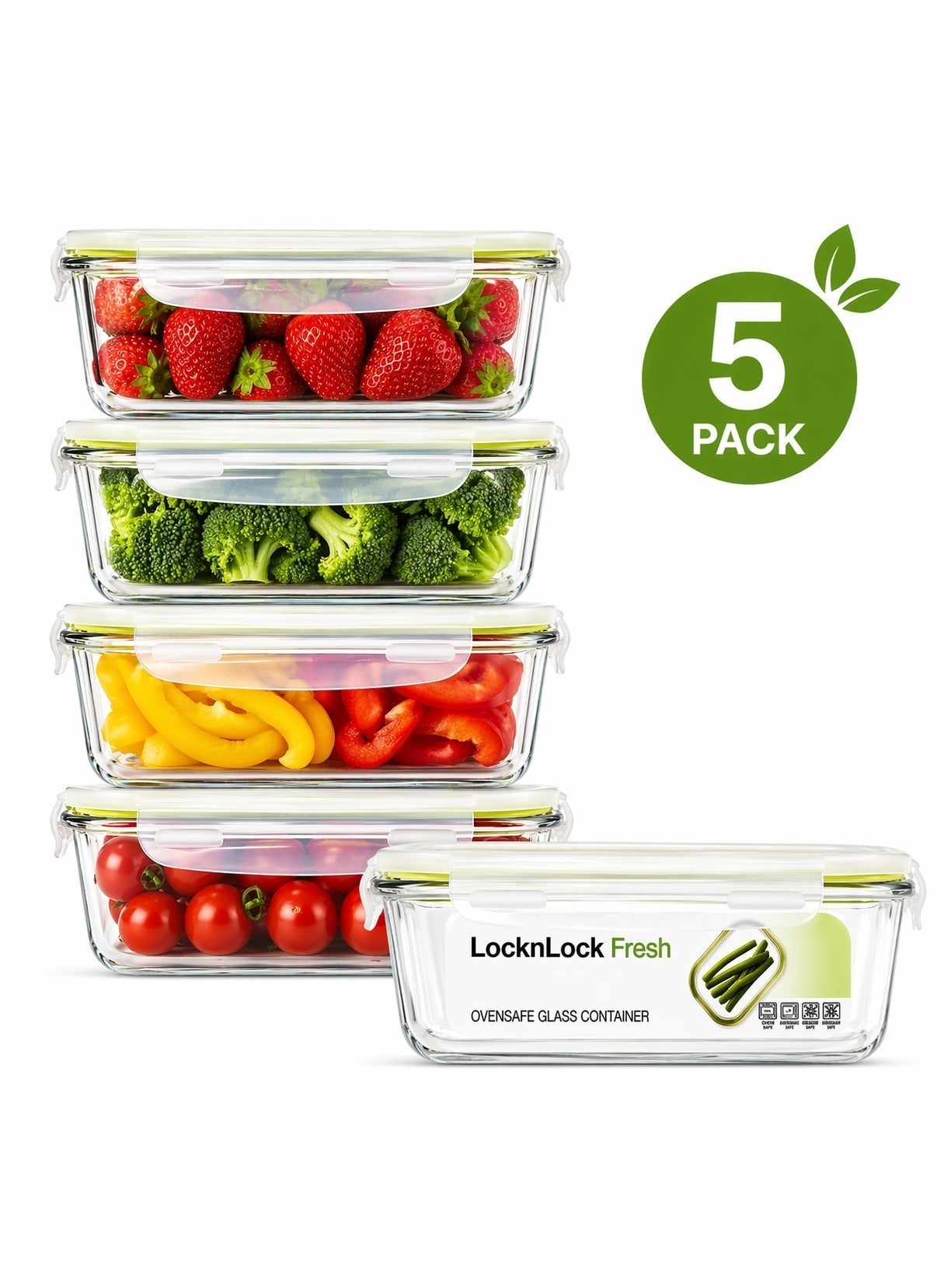 LocknLock Fresh Oven-Safe Glass Rectangular Container 1040ml (PACK of 5) – Airtight, Leakproof & Heat-Resistant