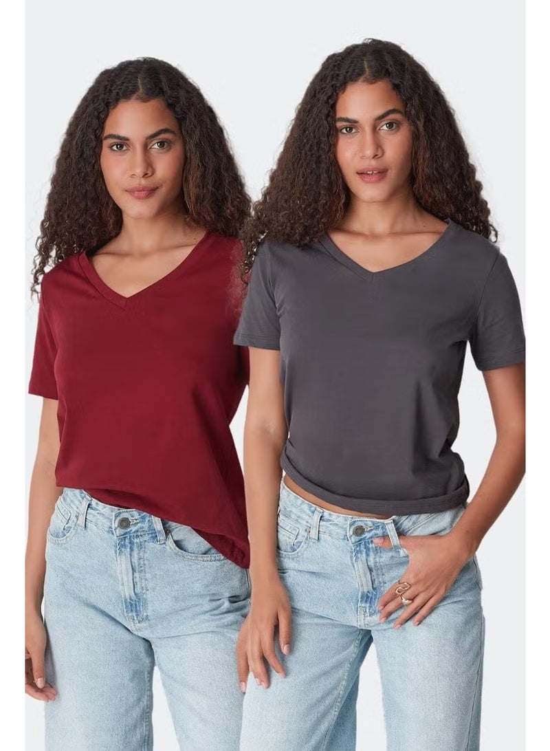 C&city V Neck Short Sleeve 2-Piece Basic T-Shirt 962 Smoke/maroon - Image 1