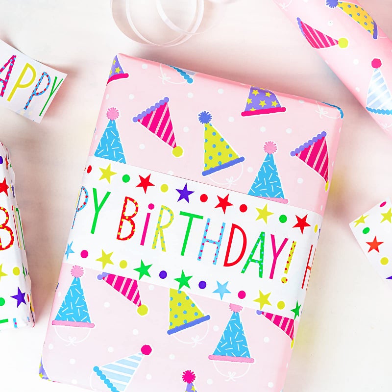MAYPLUSS Birthday Gift Wrapping Paper Roll - 17Inch X 32.8Feet - Reversible Luxury Pink Girly Birthday Party Hat, Happy Lettering Gift Wrap for Kid Girl, Baby Shower, Party, Holiday - Image 2