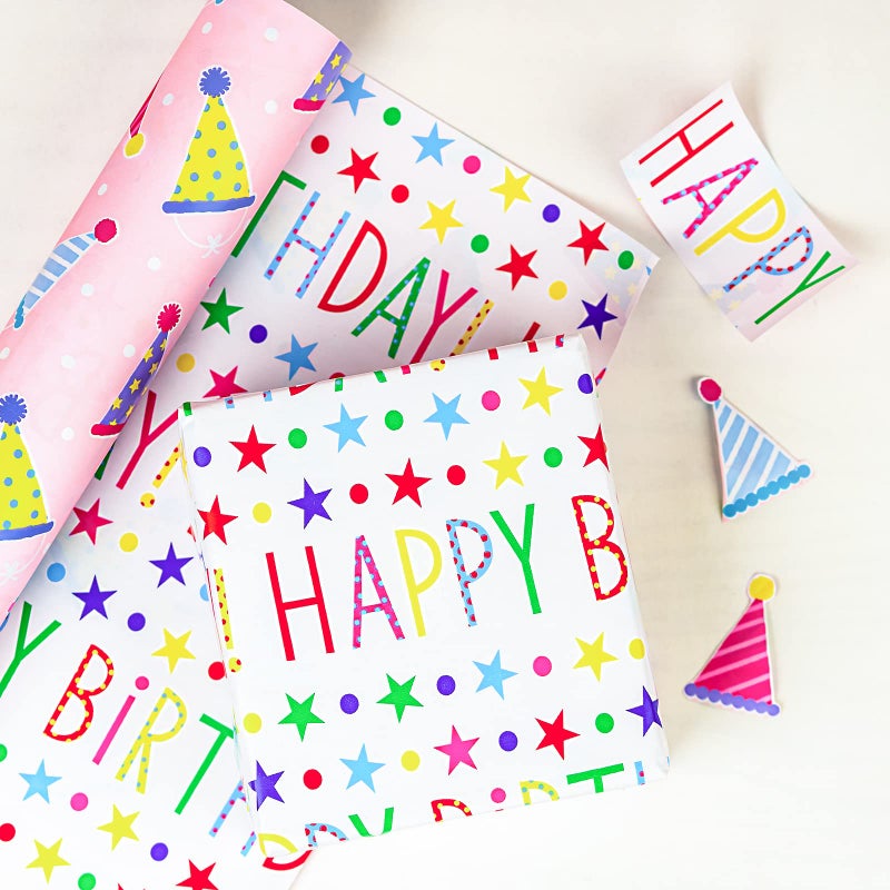 MAYPLUSS Birthday Gift Wrapping Paper Roll - 17Inch X 32.8Feet - Reversible Luxury Pink Girly Birthday Party Hat, Happy Lettering Gift Wrap for Kid Girl, Baby Shower, Party, Holiday - Image 4