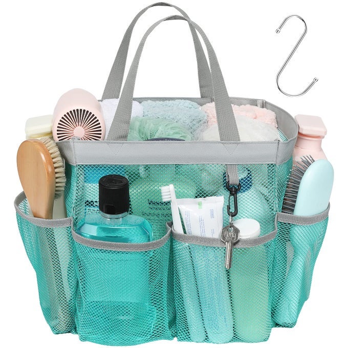 FCOLOR MESH SHOWER CADDY PORTABLE UPGRADE DEEPER 7 POCKETS SHOWER BAG BASKET BAG FOR COLLEGE DORM ROOM TOILETRY BATHROOM ESSENTIALS GYM CAMP QUICK DRY 2 HANDLES WITH S HOOK MINT GREEN