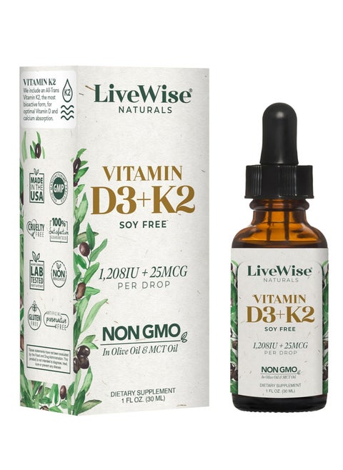 Vitamin D3 with K2 Liquid Drops unflavored  1208iu D3 and 25mcg K2 (mk7) per Serving 30ml