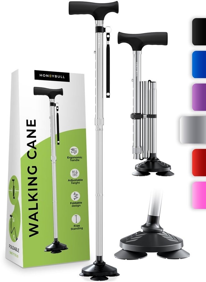 HONEYBULL Walking Cane for Men & Women - Foldable, Adjustable, Collapsible, Free Standing Cane, Pivot Tip, Heavy Duty, with Travel Bag | Walking Sticks, Folding Canes for Seniors & Adults [Silver]  - Image 1