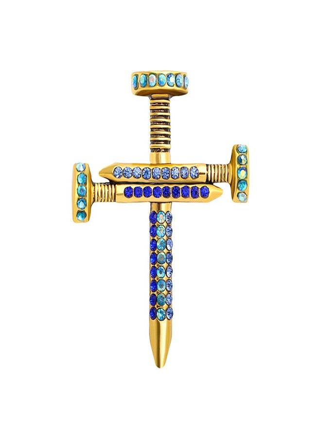 FUTIMELY Premium Colorful Crystal Cross Nail Brooch Enamel Rhinestone Screw Cross Brooch Handmade Lapel Pin Trendy Badge Clothes Hat Bag Decoration Accessories for Men and Women (Blue) - Image 1