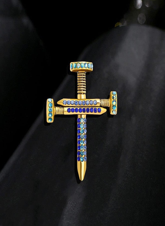 FUTIMELY Premium Colorful Crystal Cross Nail Brooch Enamel Rhinestone Screw Cross Brooch Handmade Lapel Pin Trendy Badge Clothes Hat Bag Decoration Accessories for Men and Women (Blue) - Image 3