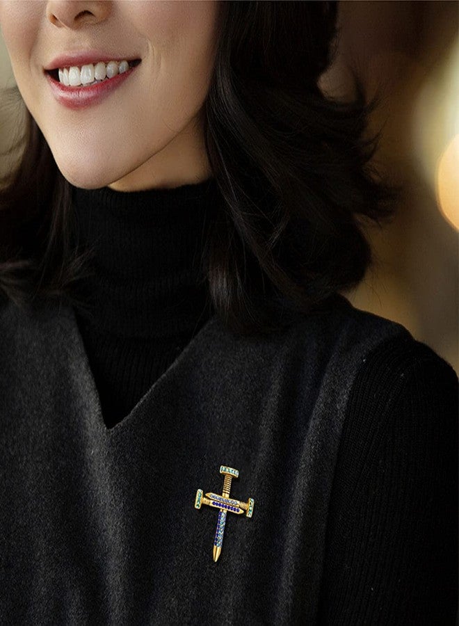 FUTIMELY Premium Colorful Crystal Cross Nail Brooch Enamel Rhinestone Screw Cross Brooch Handmade Lapel Pin Trendy Badge Clothes Hat Bag Decoration Accessories for Men and Women (Blue) - Image 2
