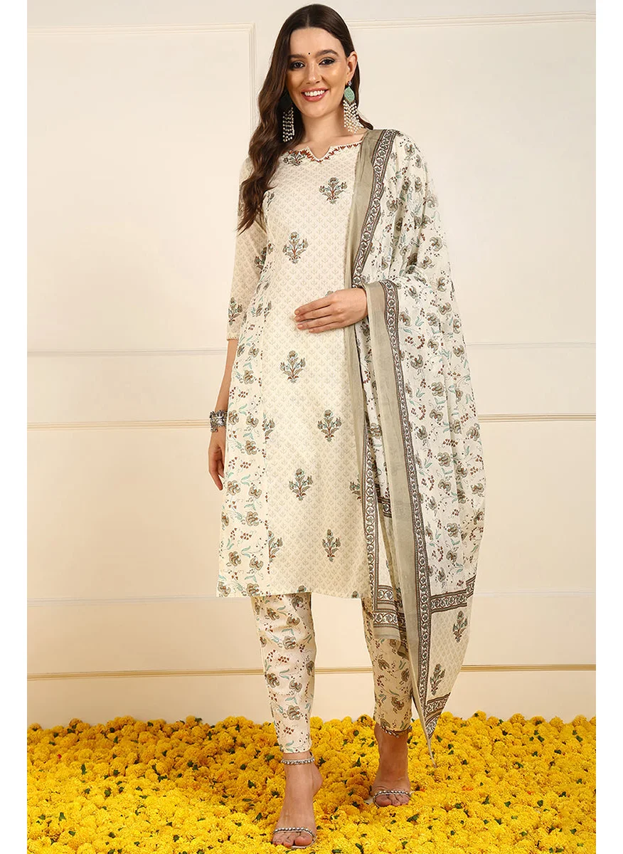 زيري سوق Cream Pure Cotton Ethnic Motifs Printed Straight Kurta Set
