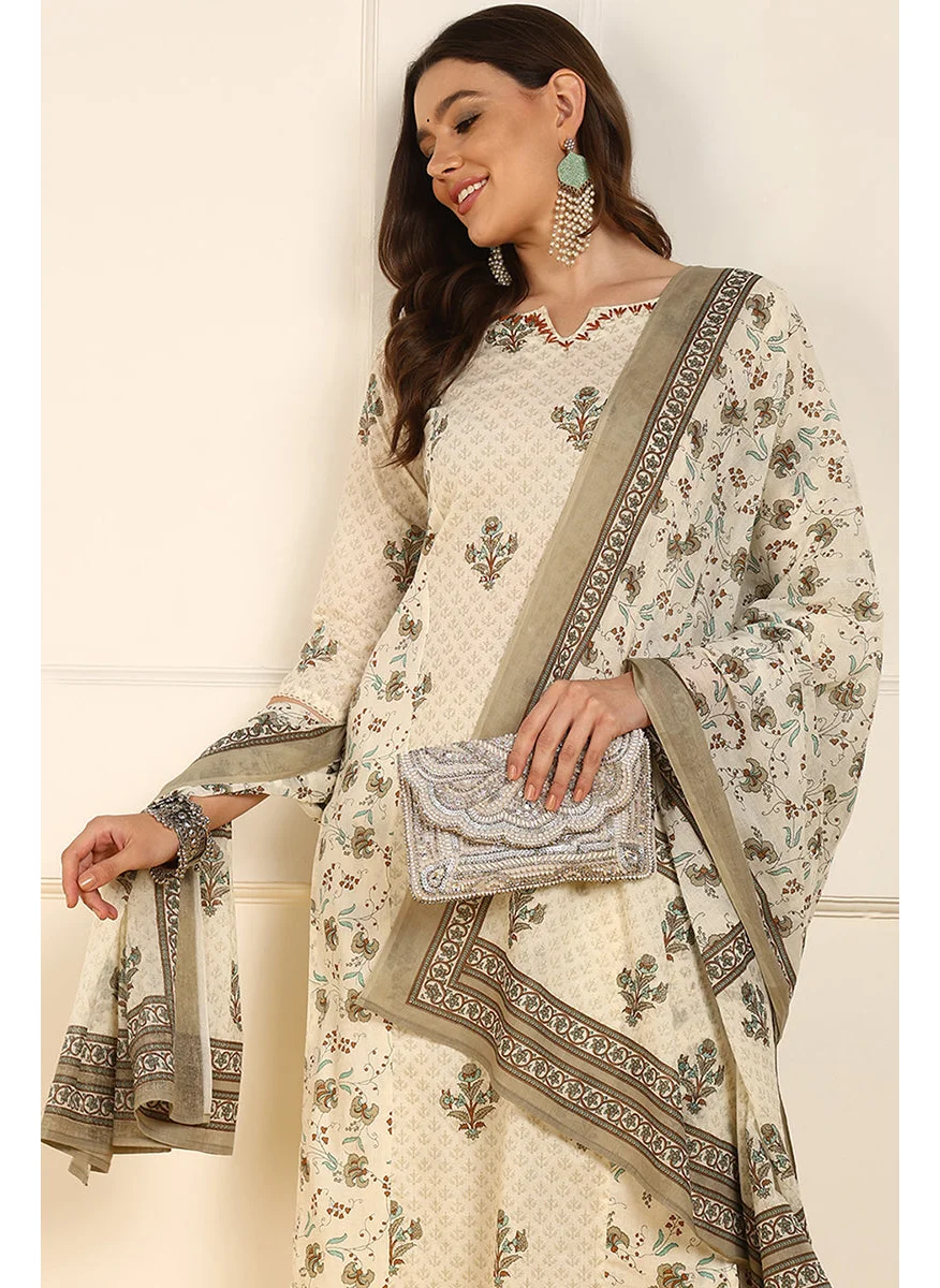 زيري سوق Cream Pure Cotton Ethnic Motifs Printed Straight Kurta Set