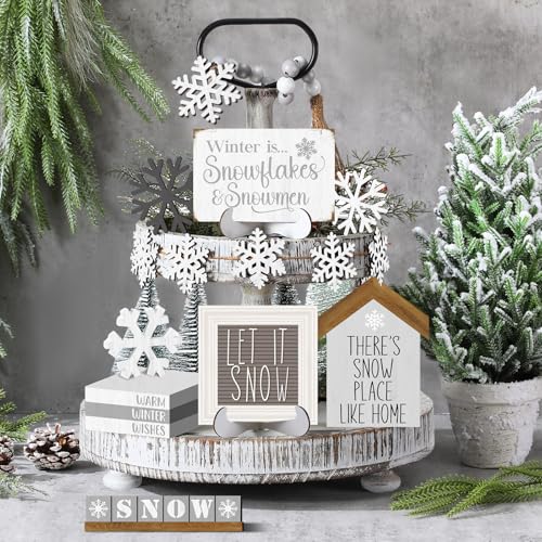GlikCeil 19 Pcs Winter Tiered Tray Decor Snowflakes Wood Rustic Decoration Tiered Sign Table Centerpieces Without Tray for Tabletop Shelf Winter Xmas Home Party GiftsFarmhouse - Image 3