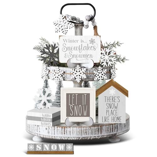 GlikCeil 19 Pcs Winter Tiered Tray Decor Snowflakes Wood Rustic Decoration Tiered Sign Table Centerpieces Without Tray for Tabletop Shelf Winter Xmas Home Party GiftsFarmhouse - Image 1