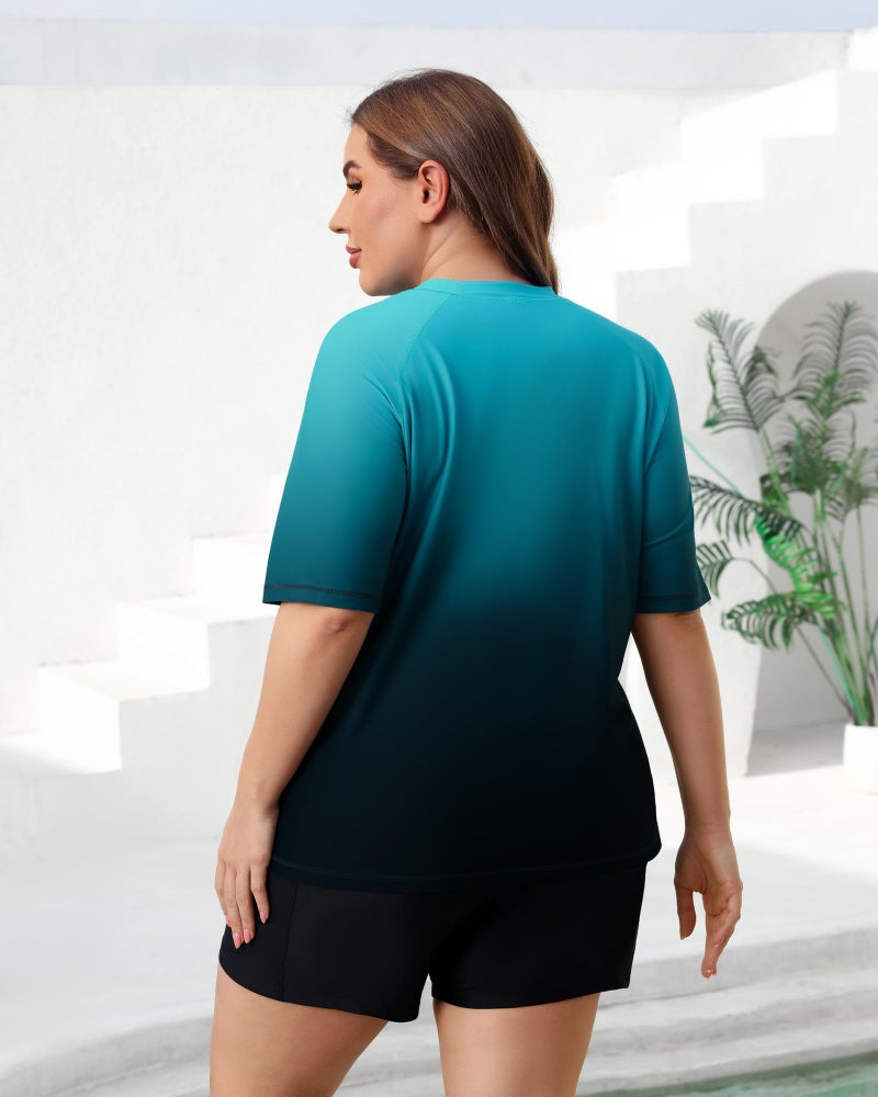 Halcurt Women's Swim Tops Built in Bra Plus Size Bathing Suit with Sleeves Modest Boyleg Swimsuit 2 Pc Rash Guard Set Ombre Green 3X - Image 2