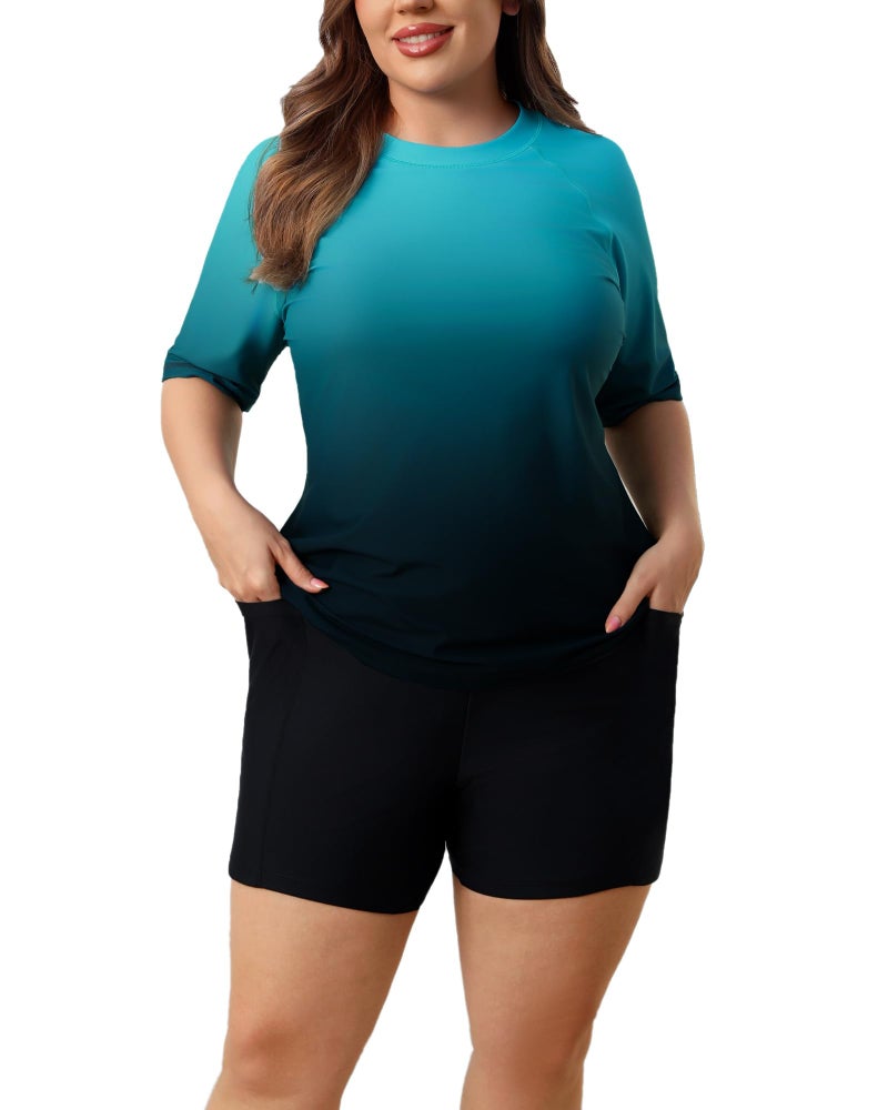 Halcurt Women's Swim Tops Built in Bra Plus Size Bathing Suit with Sleeves Modest Boyleg Swimsuit 2 Pc Rash Guard Set Ombre Green 3X - Image 1