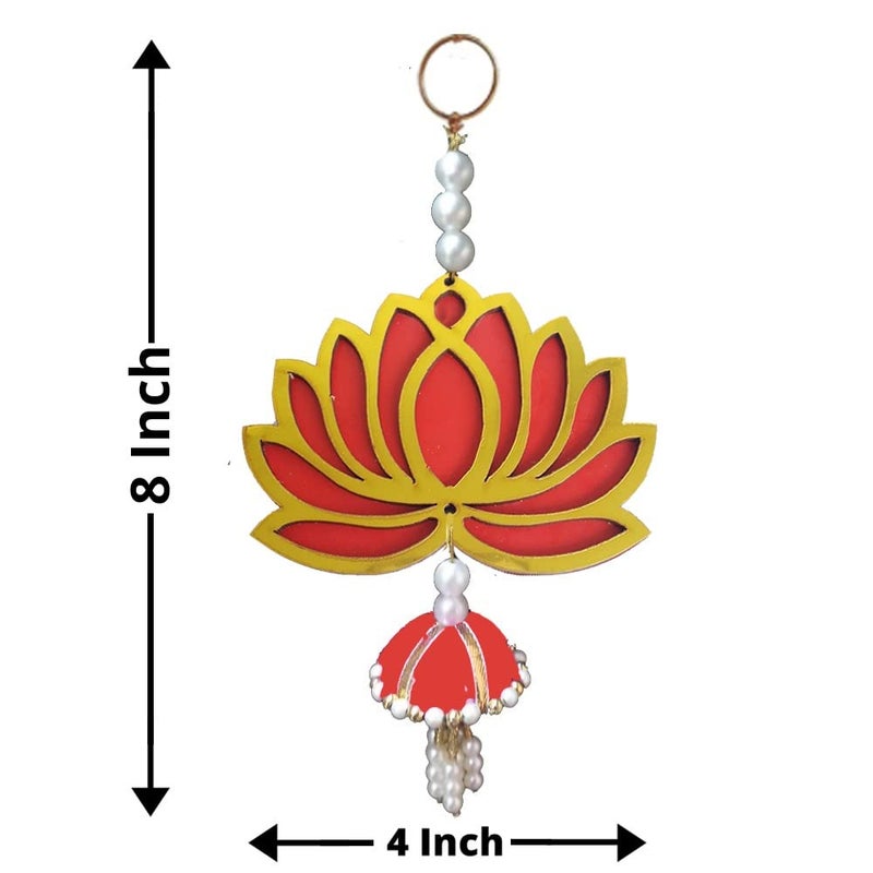 MYGIFTYSHOP MyGiftyShop Wooden Red Lotus Wall Decor with jhumki Moti Style Hangings Set of 4 for Home Office Temple Decor Diwali DecorWedding and All Festival Decoration Best Lotus Hanging Product - Image 2