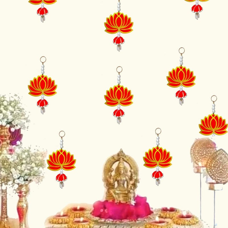 MYGIFTYSHOP MyGiftyShop Wooden Red Lotus Wall Decor with jhumki Moti Style Hangings Set of 4 for Home Office Temple Decor Diwali DecorWedding and All Festival Decoration Best Lotus Hanging Product - Image 1
