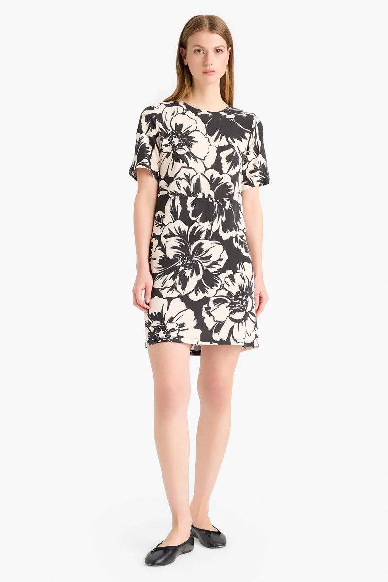 DeFacto Crew Neck Floral Patterned Short Sleeve Mini Dress
