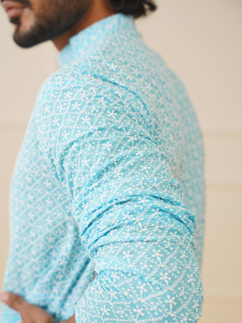 Jompers Men Sky Chikankari Embroidered Kurtas (Sky, XXL) - Image 4