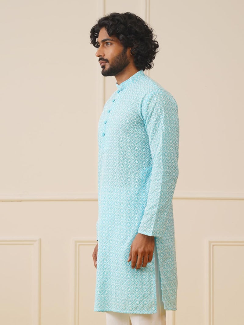 Jompers Men Sky Chikankari Embroidered Kurtas (Sky, XXL) - Image 3