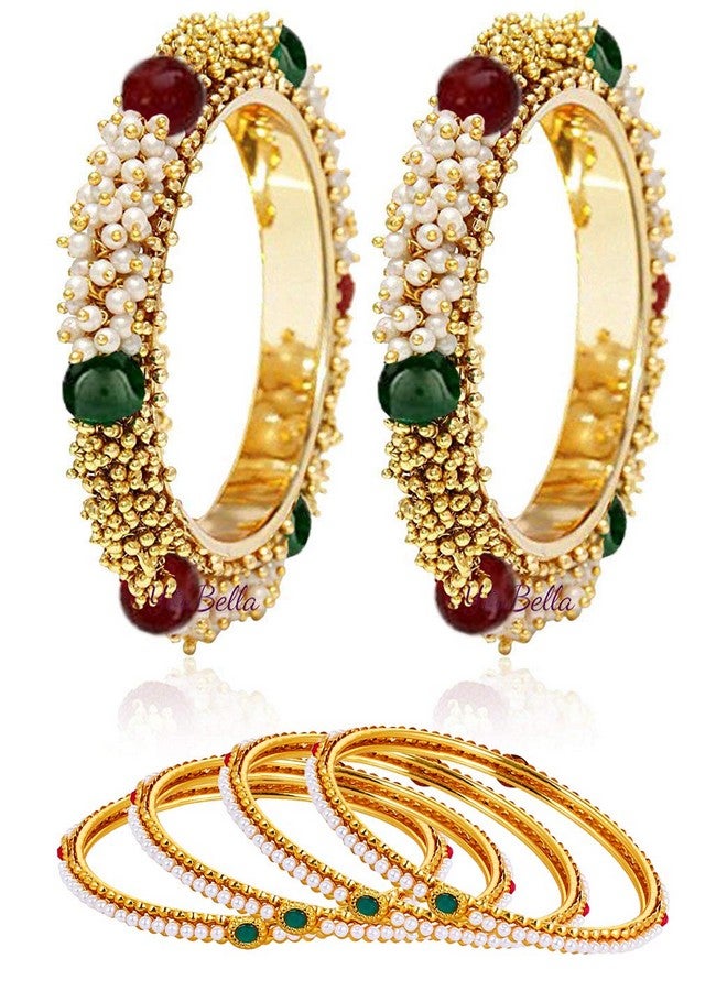 YouBella Valentine Gift : YouBella Jewellery Valentine Traditional Pearl & Gold Combo Bangle Set for Women/Girls - Pack of 6 (2.8)