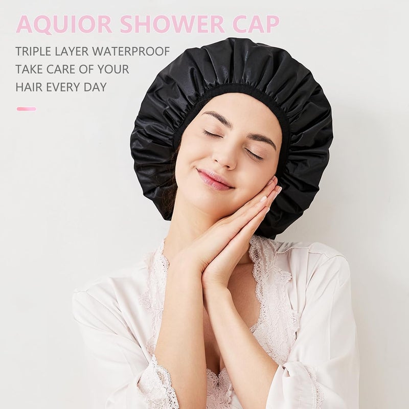 Aquior Shower Cap,Terry Lined Shower Cap for Women Reusable, Triple Layer Waterproof Bath Cap, Extra Large for Women Long Hair(Black) - Image 3