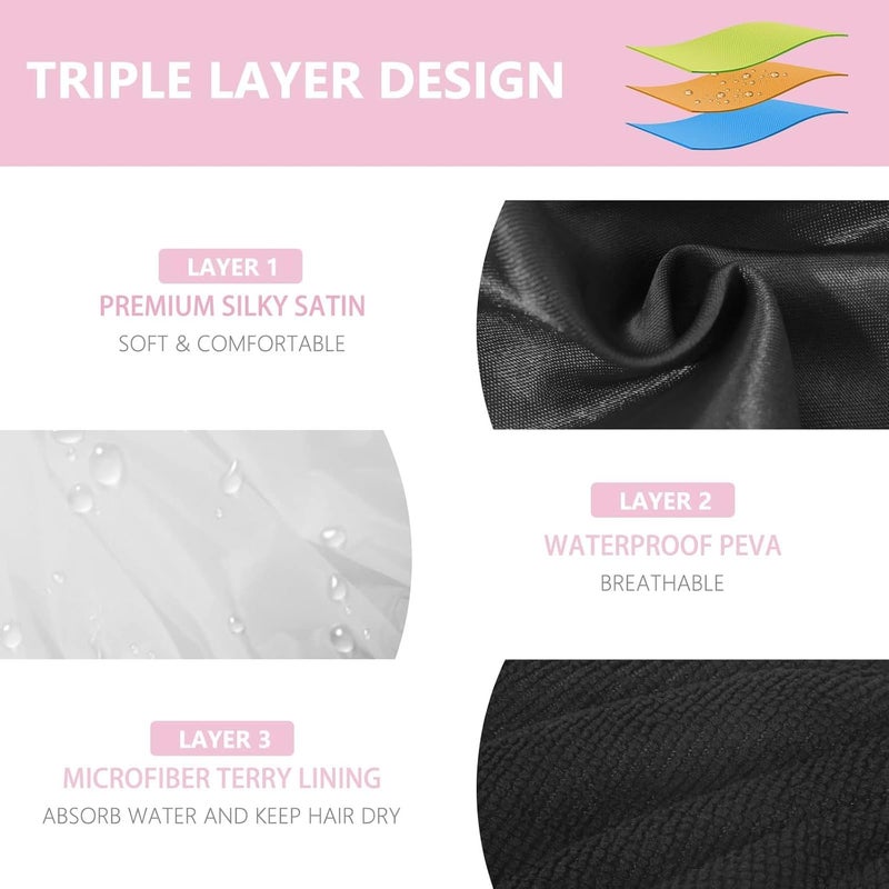 Aquior Shower Cap,Terry Lined Shower Cap for Women Reusable, Triple Layer Waterproof Bath Cap, Extra Large for Women Long Hair(Black) - Image 2