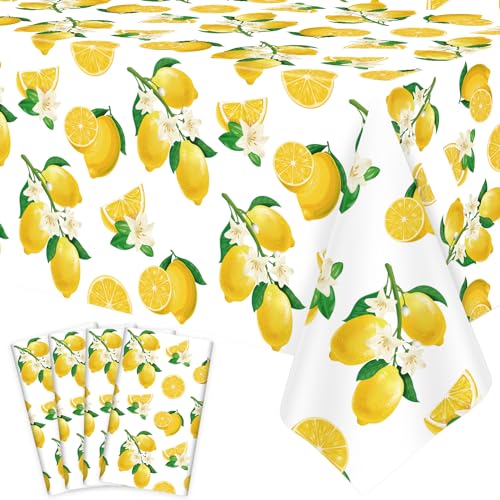 Inspireyee 4 Pack Lemon Tablecloth Lemons Summer Party Tablecover Rectangle Disposable Lemonade Table Cover 51 x 86 for Lemonade Theme Birthday Party Wedding Shower Supplies Lemon Table Decorations - Image 1