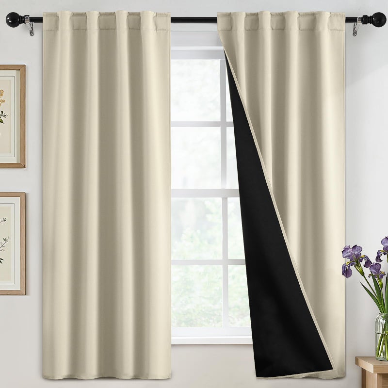 SimpleHome 100% Blackout Curtains for Bedroom,63 Inch Curtains for Living Room Rod Pocket and Back Tab Window Drapes Room Darkening Cream Curtain with Black Back,40 x 63 Inch,2 Panels - Image 1