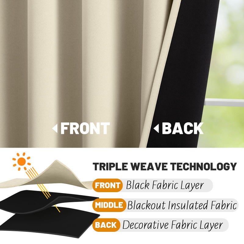 SimpleHome 100% Blackout Curtains for Bedroom,63 Inch Curtains for Living Room Rod Pocket and Back Tab Window Drapes Room Darkening Cream Curtain with Black Back,40 x 63 Inch,2 Panels - Image 4