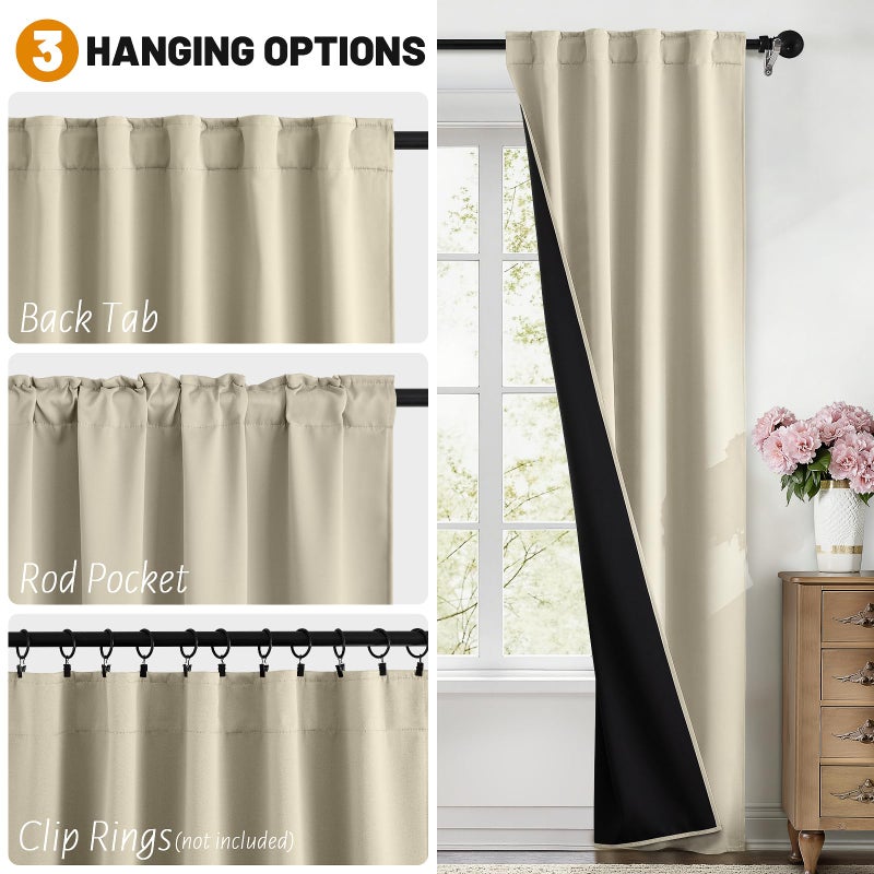 SimpleHome 100% Blackout Curtains for Bedroom,63 Inch Curtains for Living Room Rod Pocket and Back Tab Window Drapes Room Darkening Cream Curtain with Black Back,40 x 63 Inch,2 Panels - Image 2