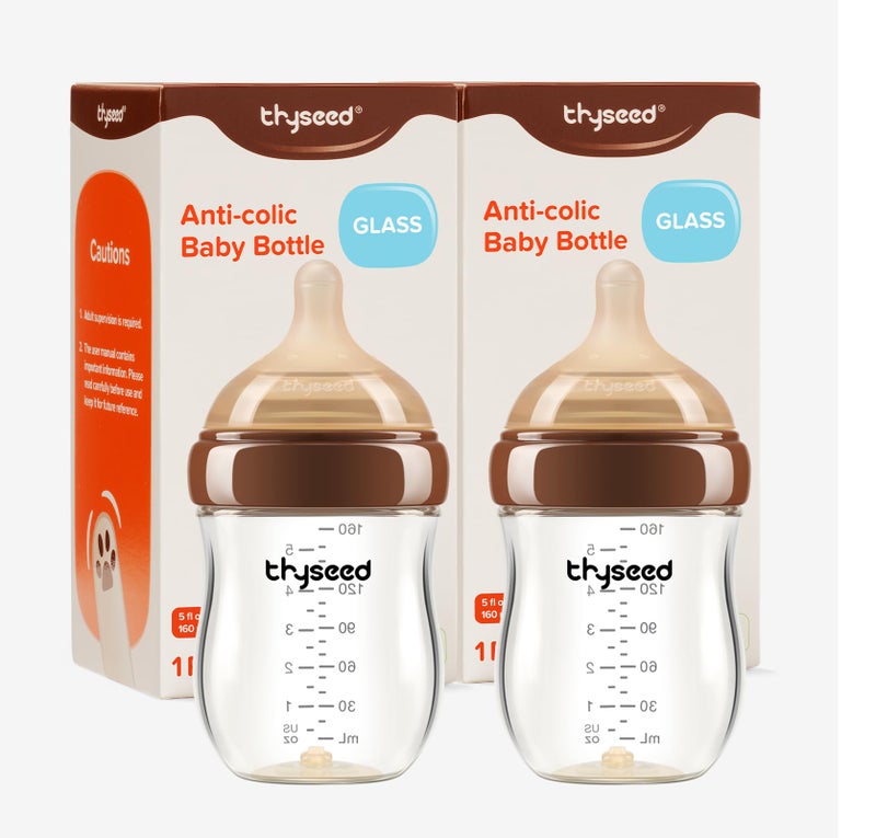 Thyseed Anti-Colic Glass Baby Bottle for Breastfed Infants, Paced Feeding, Breast-Like Newborn Medium Flow Nipple (2m+), 5 oz, 2 Pack - Image 1