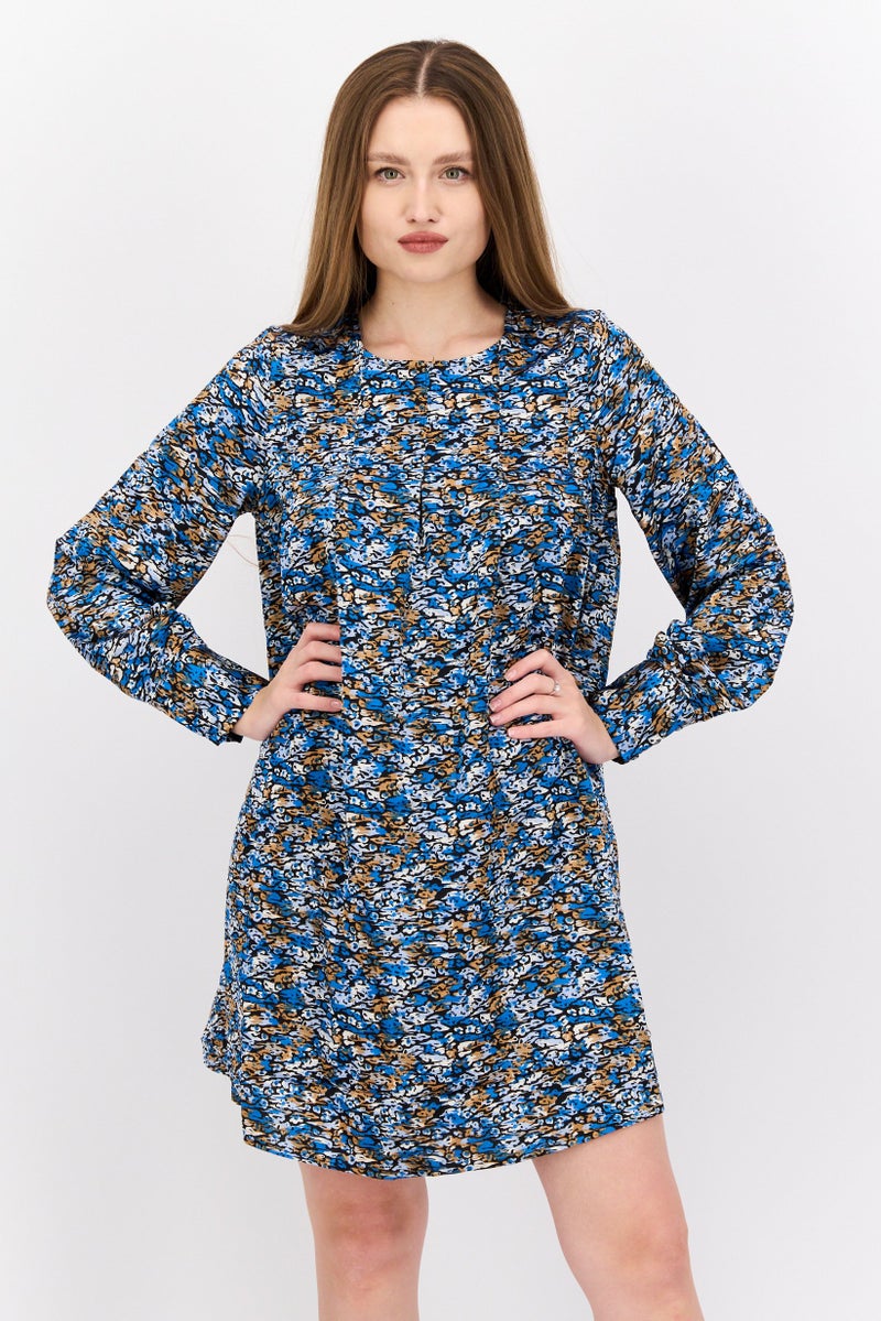 VERO MODA فستان ميني مطبوع بالكامل للنساء، مجموعة زرقاء - Image 1