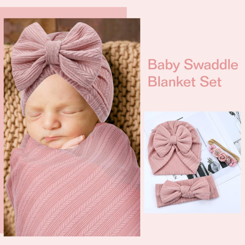 Cinaci 4pcs Dusty Pink Soft Nursery Newborn Baby Receiving Swaddle Blanket with Matching Turban Hat Bow Headbands Floral Nylon Headbands for Baby Girls Newborn Infants - Image 5
