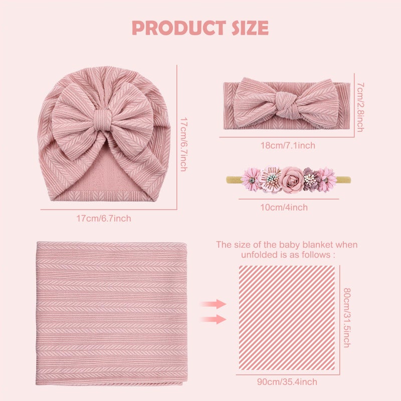 Cinaci 4pcs Dusty Pink Soft Nursery Newborn Baby Receiving Swaddle Blanket with Matching Turban Hat Bow Headbands Floral Nylon Headbands for Baby Girls Newborn Infants - Image 2