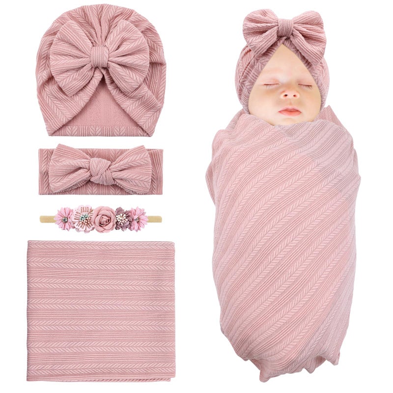 Cinaci 4pcs Dusty Pink Soft Nursery Newborn Baby Receiving Swaddle Blanket with Matching Turban Hat Bow Headbands Floral Nylon Headbands for Baby Girls Newborn Infants - Image 1