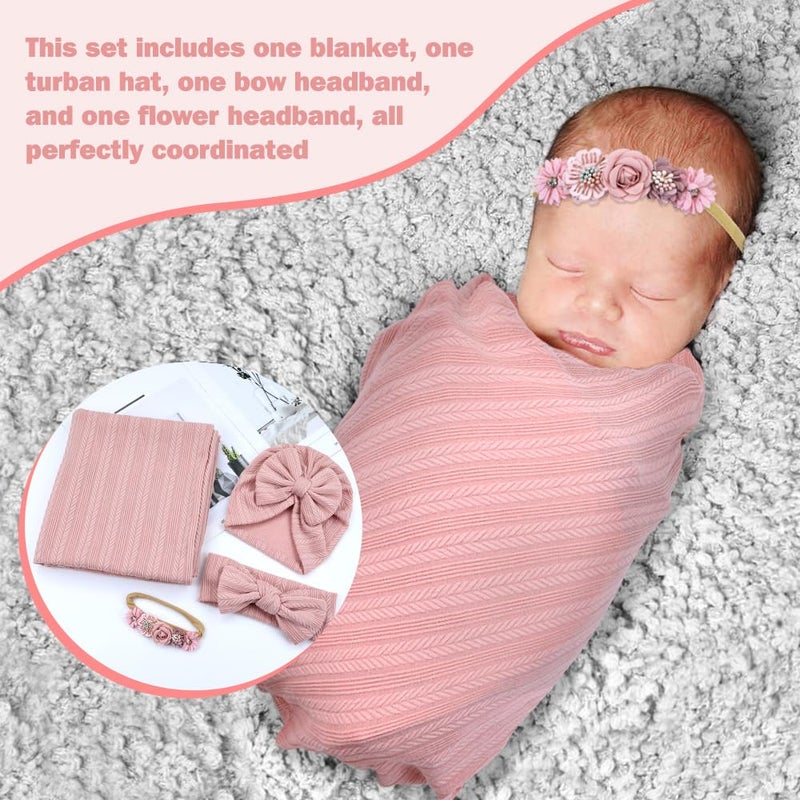 Cinaci 4pcs Dusty Pink Soft Nursery Newborn Baby Receiving Swaddle Blanket with Matching Turban Hat Bow Headbands Floral Nylon Headbands for Baby Girls Newborn Infants - Image 4