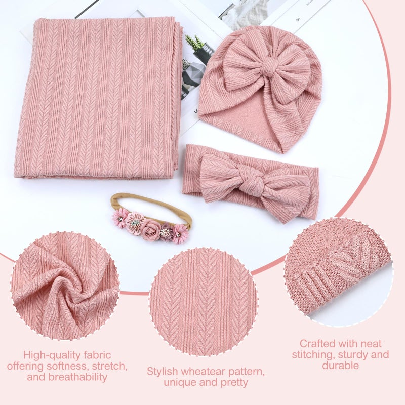 Cinaci 4pcs Dusty Pink Soft Nursery Newborn Baby Receiving Swaddle Blanket with Matching Turban Hat Bow Headbands Floral Nylon Headbands for Baby Girls Newborn Infants - Image 3