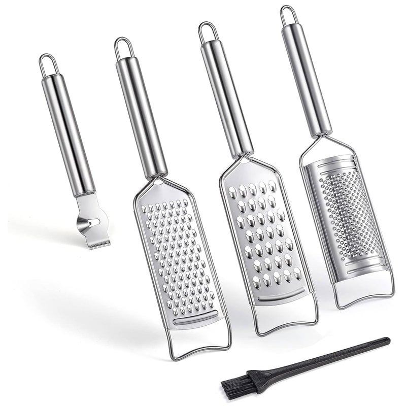 Tongjude Stainless Steel Cheese Grater Set Set of 5 Kitchen Grater  Peeler  Slicer Lemon Zester with Cleaning Brush for Vegetable Fruit Chocolate