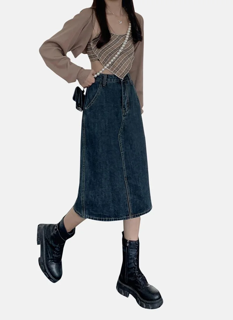 YUNIQEE Blue Solid Denim Midi Skirt