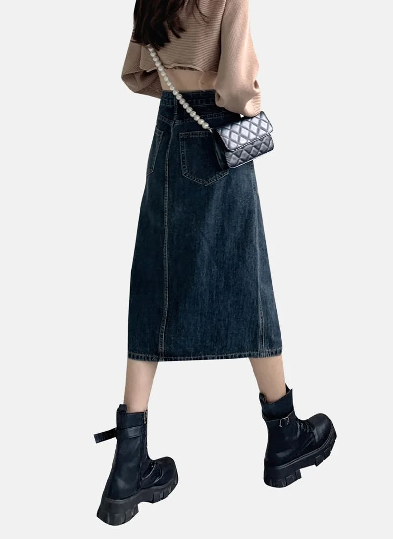 YUNIQEE Blue Solid Denim Midi Skirt