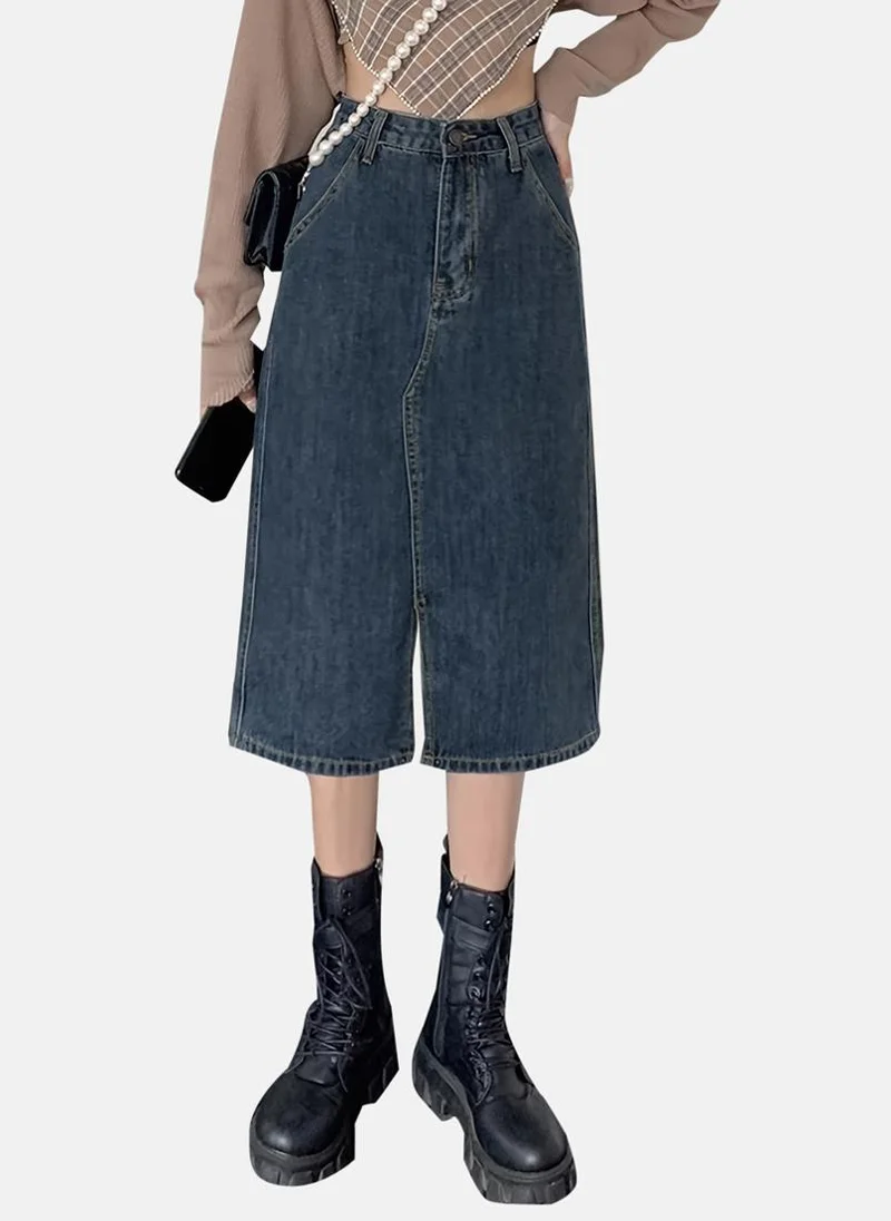 YUNIQEE Blue Solid Denim Midi Skirt