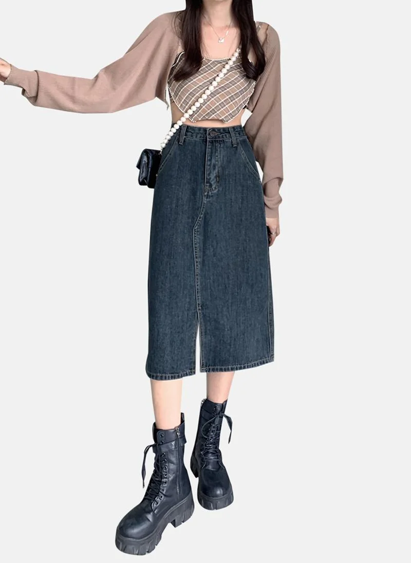 YUNIQEE Blue Solid Denim Midi Skirt