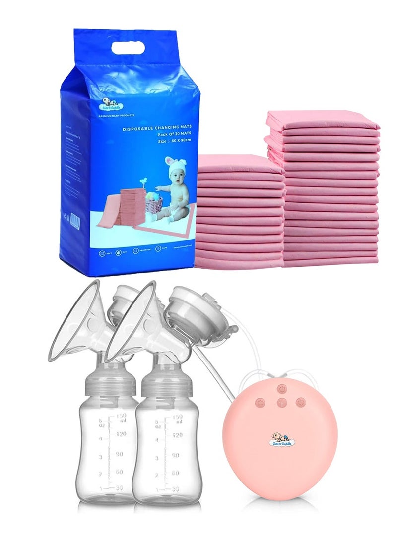 Cute 'n' Cuddle Baby Changing Mats – 210 Pack (60x90cm, Pink), Soft, Waterproof & Ultra Absorbent With Electric Breast Pump Double Hands-Free, Wearable, Quiet, Rechargeable with LED Display & Storage. - Image 1