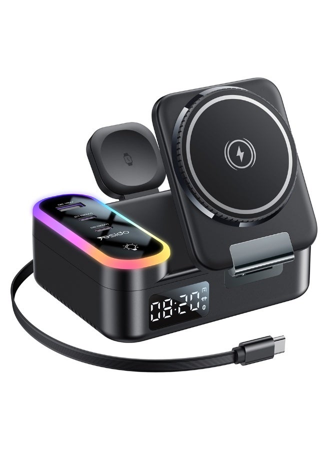 Yesido DS38 65W 8-in-1 Magnetic Wireless Charging Station - Desktop Stand with Retractable Type-C Cable, Digital Clock & RGB Ambient Light - Black - Image 1