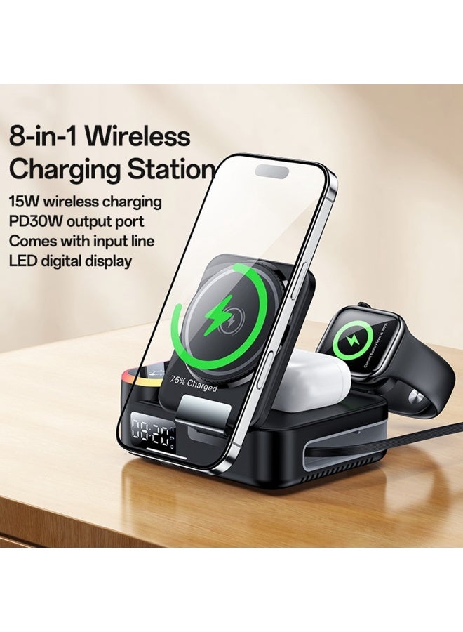 Yesido DS38 65W 8-in-1 Magnetic Wireless Charging Station - Desktop Stand with Retractable Type-C Cable, Digital Clock & RGB Ambient Light - Black - Image 2