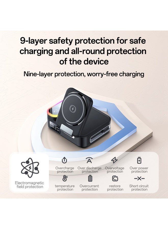 Yesido DS38 65W 8-in-1 Magnetic Wireless Charging Station - Desktop Stand with Retractable Type-C Cable, Digital Clock & RGB Ambient Light - Black - Image 5