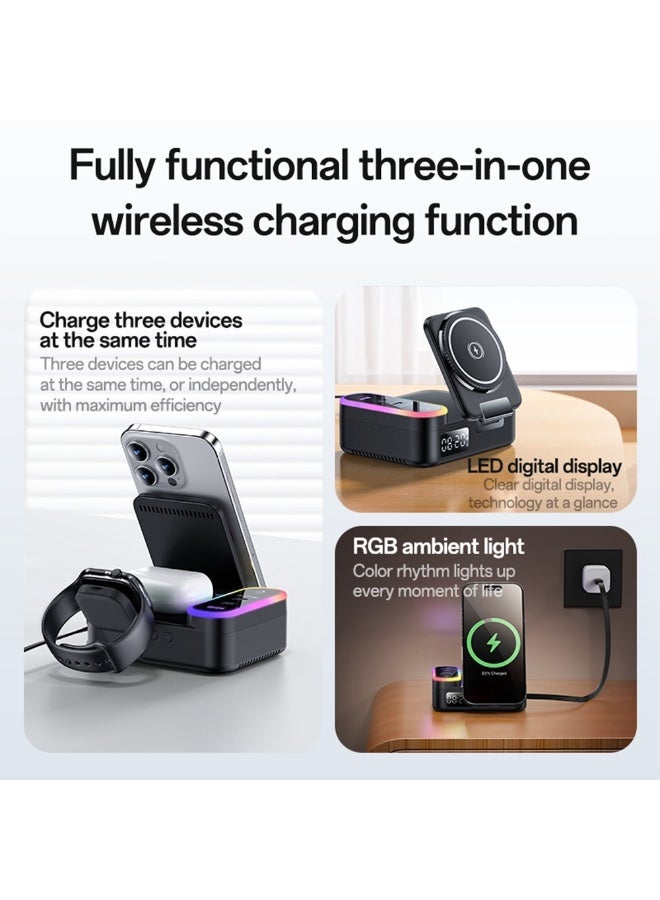 Yesido DS38 65W 8-in-1 Magnetic Wireless Charging Station - Desktop Stand with Retractable Type-C Cable, Digital Clock & RGB Ambient Light - Black - Image 4