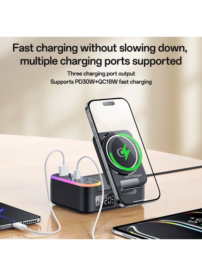 Yesido DS38 65W 8-in-1 Magnetic Wireless Charging Station - Desktop Stand with Retractable Type-C Cable, Digital Clock & RGB Ambient Light - Black - Image 3