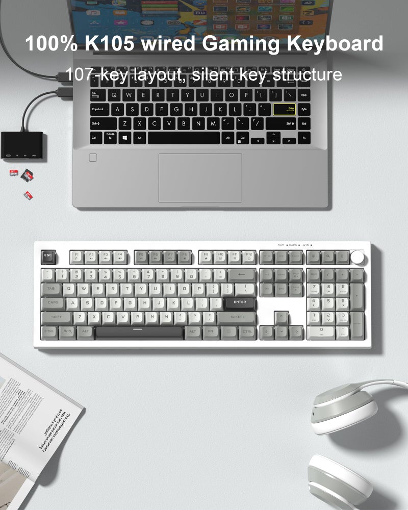 Klymra Womier K105 Membrane Gaming Keyboard,RGB Quiet Keyboard for Office, USB Wired,26 Keys Anti-ghosting Computer Keyboard 104 Keys - Gray - Image 2