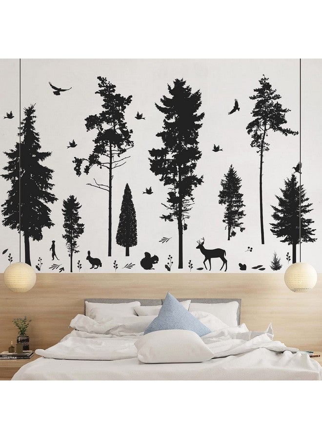 LiveGallery 8 Sheets 3D Black Tree Wall Stickers Animal Jungle Trees Wall Decals Pine Evergreen Tree Wall Sticker Squirrel Birds Deer Rabbit Diy Removable Premium Black Vinyl Sticker For Kids Girl Boy Bedroom Living Room Nursery Rooms Home Office Walls Decor - Image 1