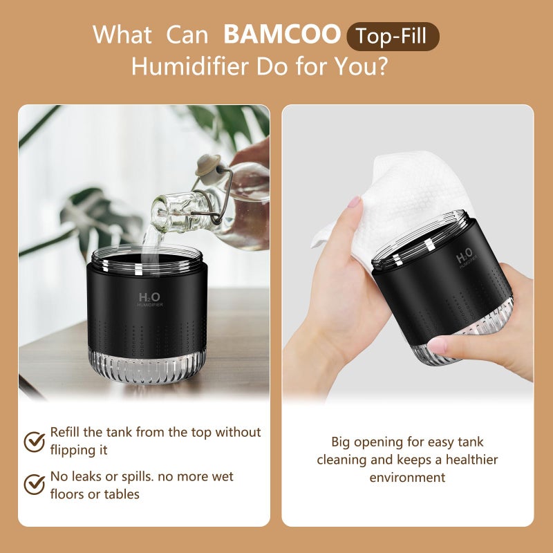 BAMCOO Portable Mini Humidifier, Auto Shut-Off, 2 Mist Modes, Quite, Small Humidifiers for Bedroom Travel Office Desk Plants (Black) - Image 3