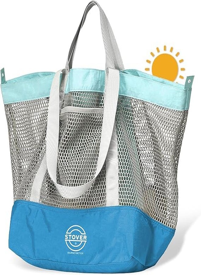 STOVER Large Mesh Beach Bag, Vacation, Pool, Shopping, & Travel Tote - Foldable w/Storage Pockets for Women, Men & Families, Blue, Large - Image 1